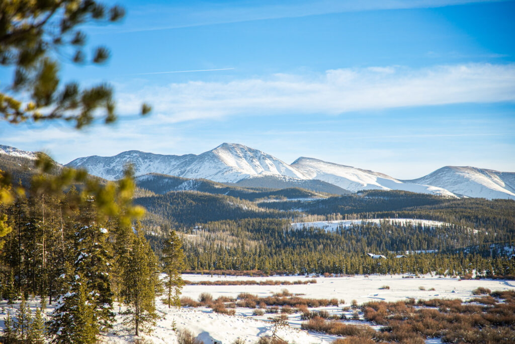 Snowy Mountain View with blue skies