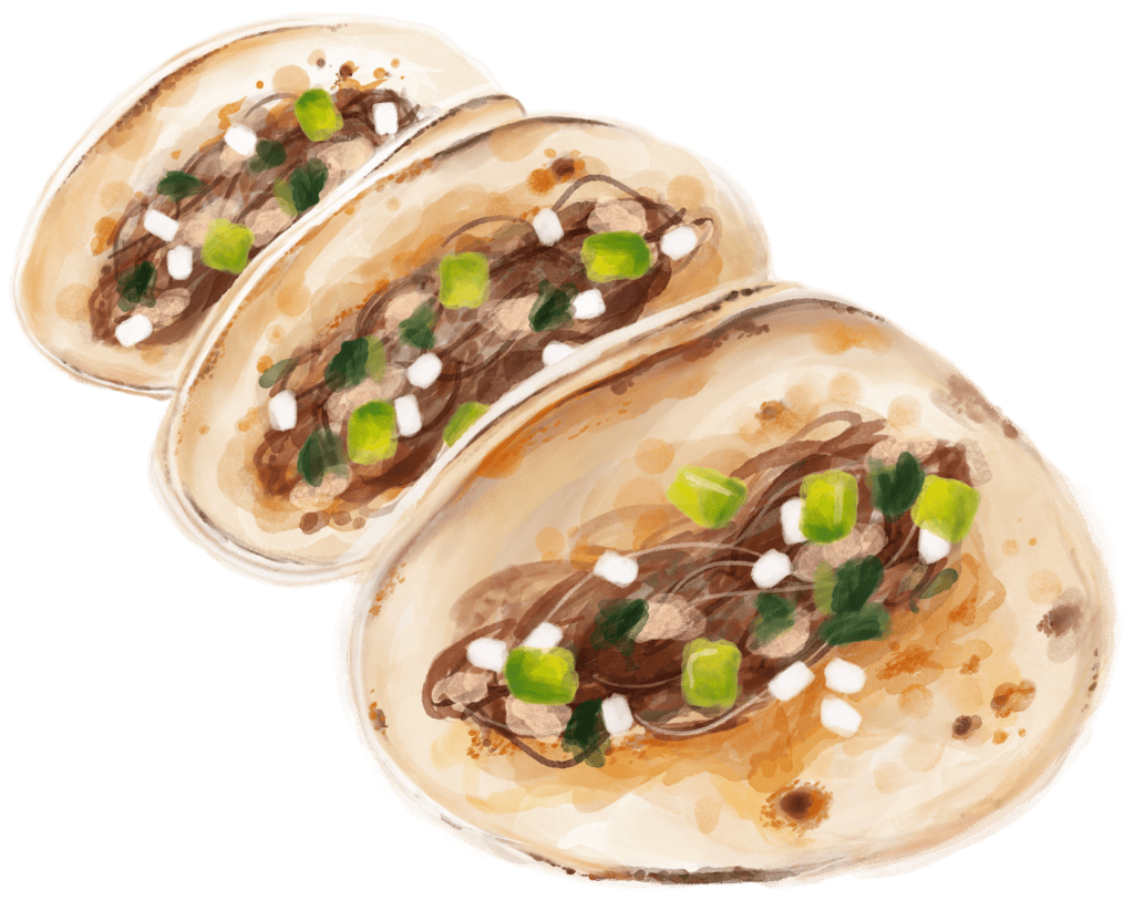 Gourmet tacos with meat, green onions, and white sauce on a white plate.
