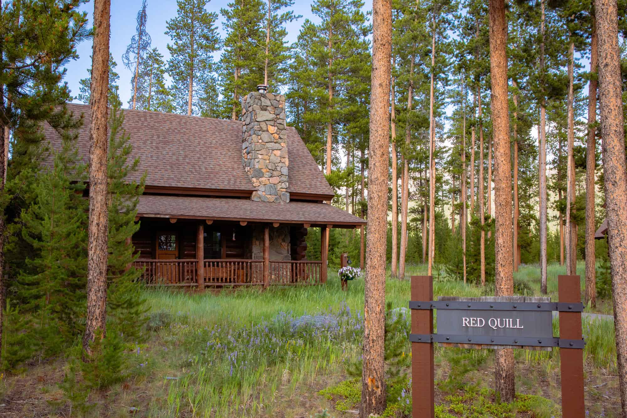 Cozy mountain lodge surrounded by tall pine trees at Devil's Thumb Ranch.