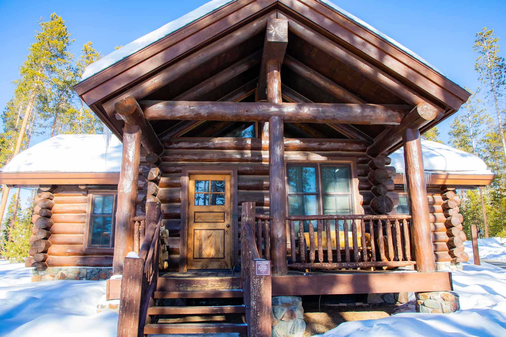 LOG CABIN, DEVIL'S THUMB RANCH, WINTER SCENE.