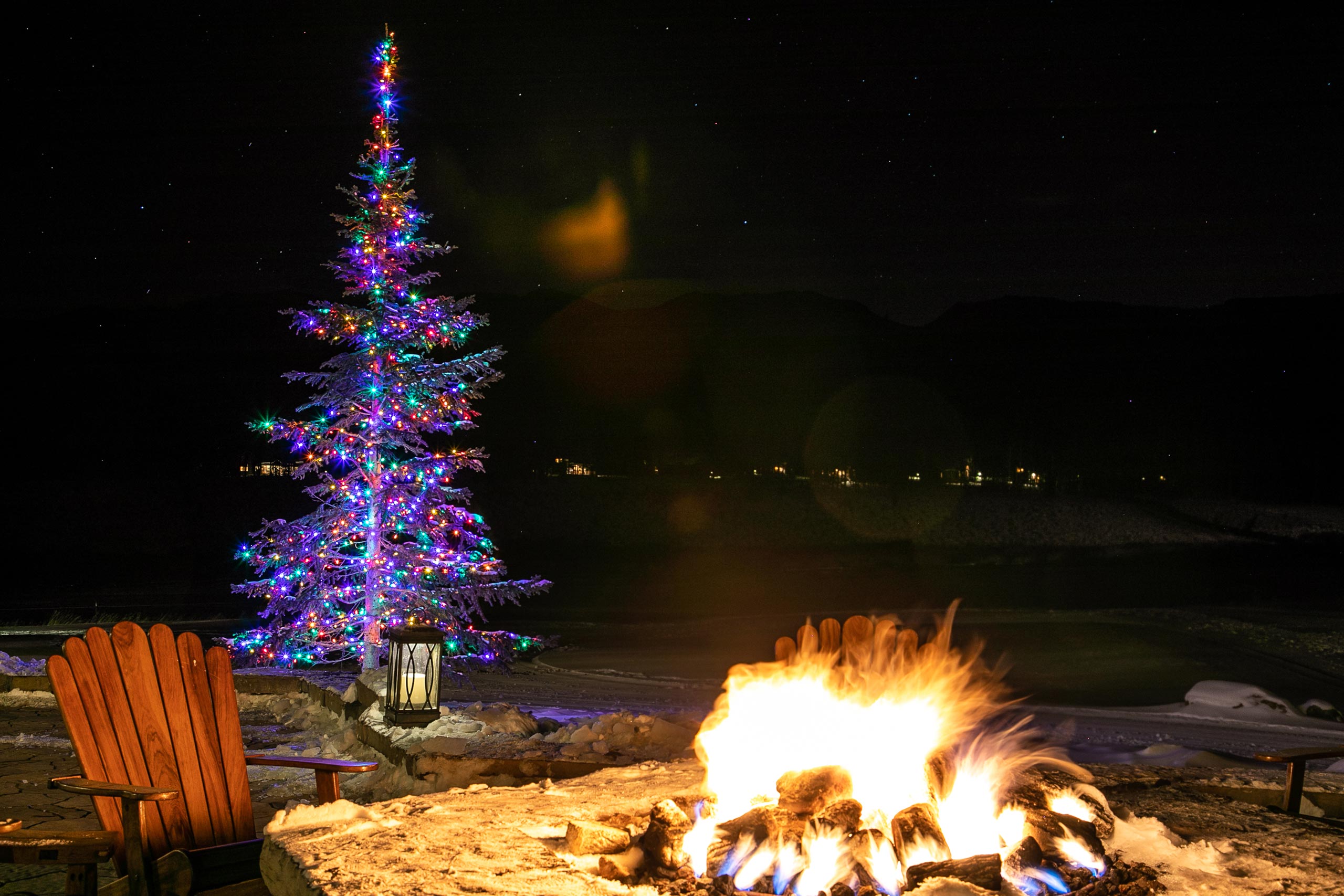 Colorful Christmas tree with lights at Devil's Thumb Ranch Resort & Spa.