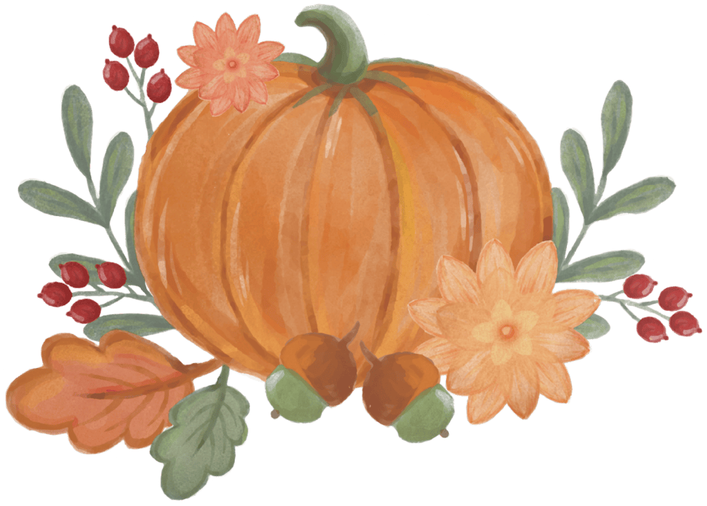 Decorative pumpkin surrounded by flowers and berries for fall decor.