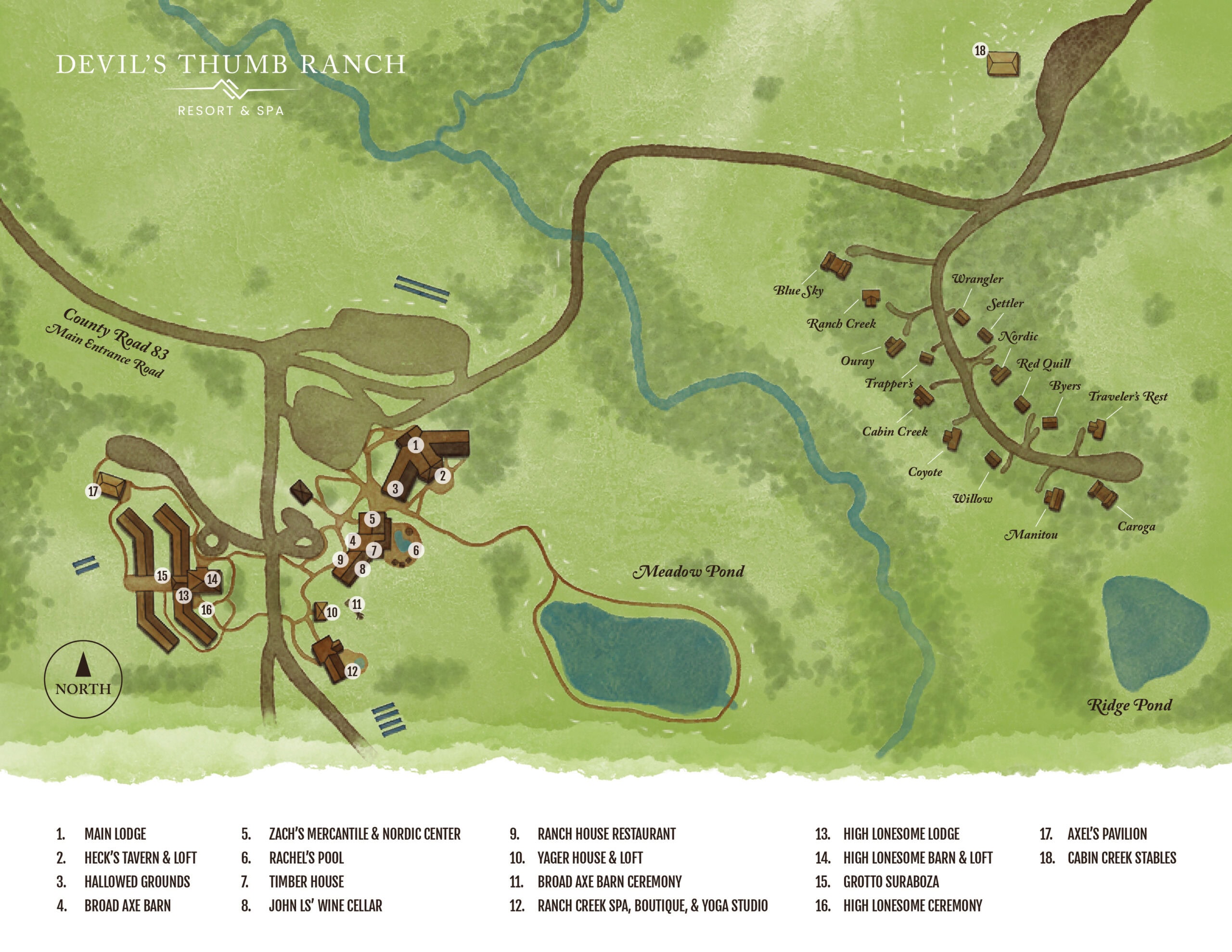 Map of Devil's Thumb Ranch Resort & Spa with various lodges and amenities.