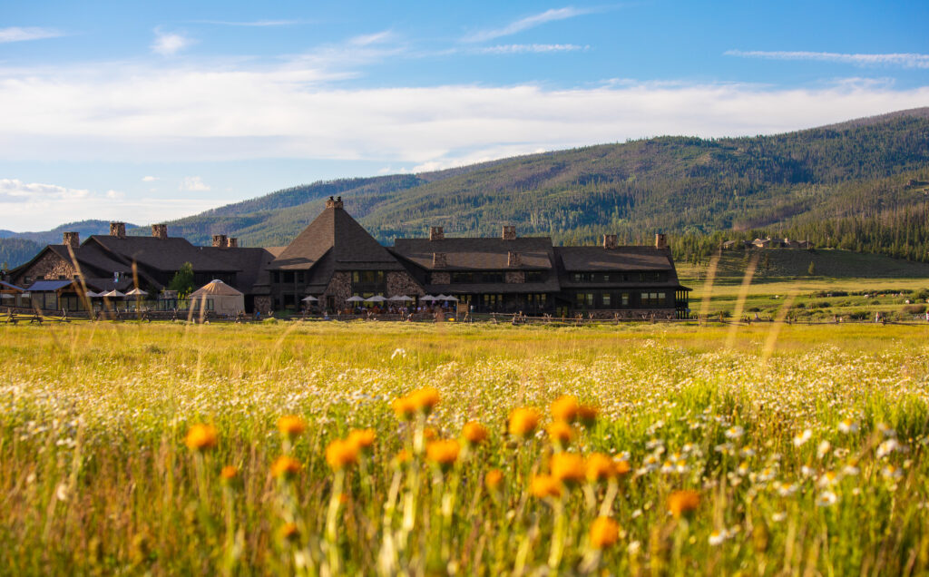 Flower-filled meadow with the main lodge and mountains in the background